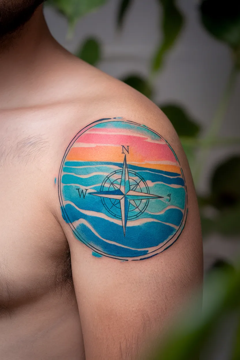 Watercolor Compass Tattoo 2