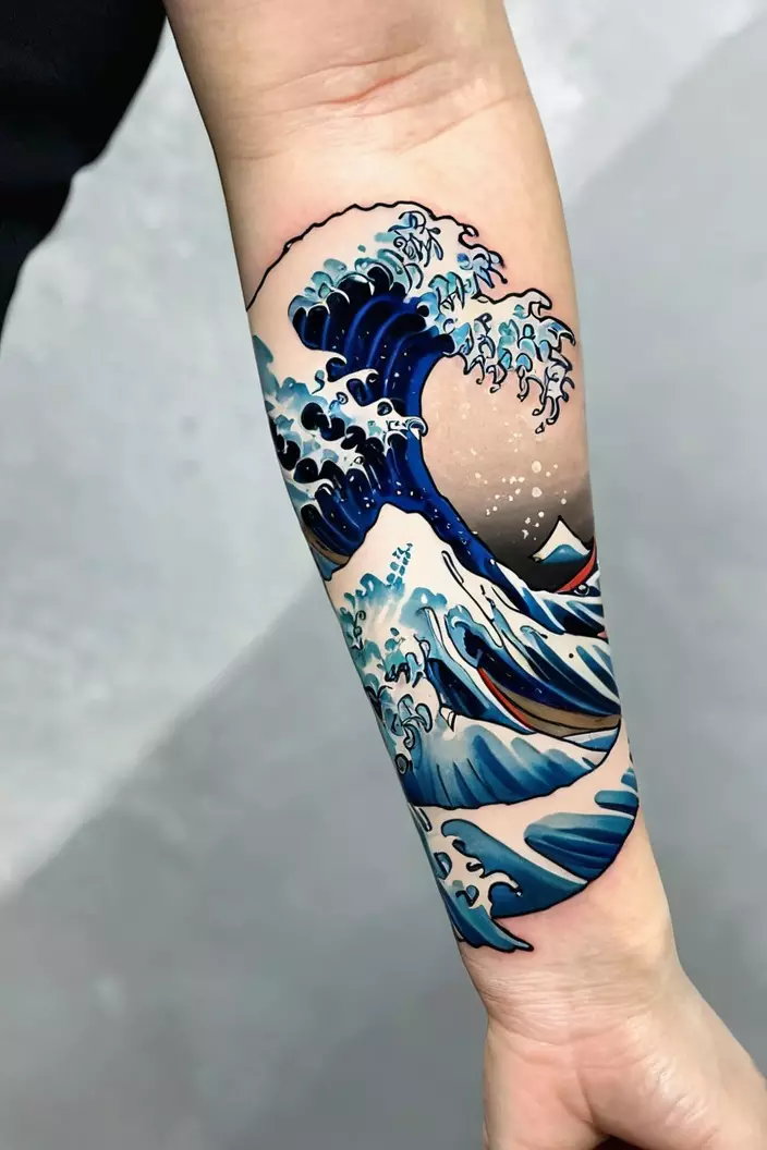 A photo of a woman with The Great Wave off Kanagawa tattooed on her forearm.  