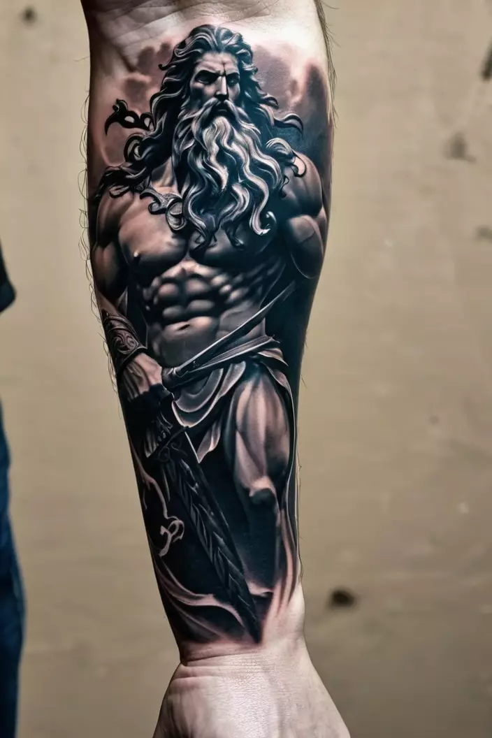 A photo of a man with a Poseidon in shadows forearm tattoo, emphasizing dramatic contrasts and mysterious elements.  