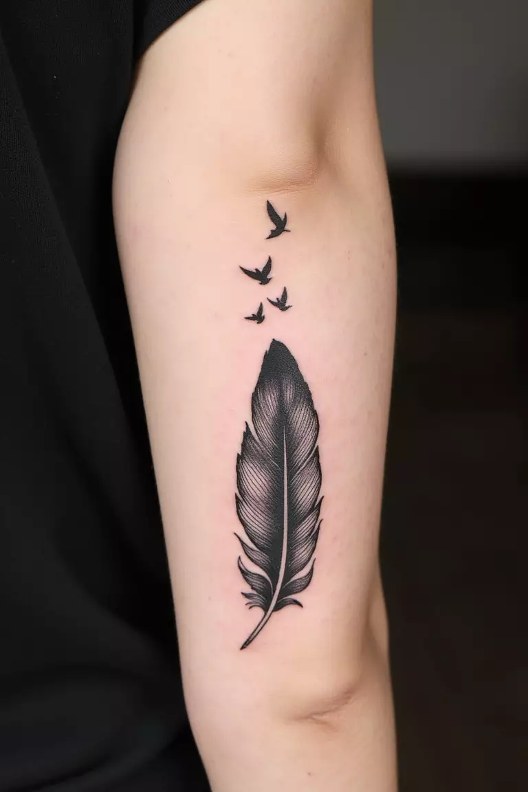 A close up shot of woman's arm with a black ink feather with bird silhouette tattoo, small birds flying from feather tip