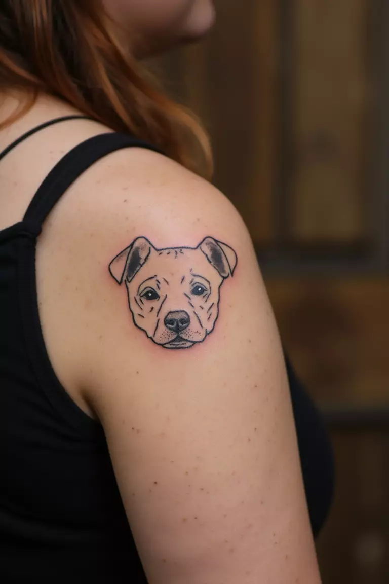 A close up shot of a woman showing her black ink dog face with simple line art tattoo on her arm  