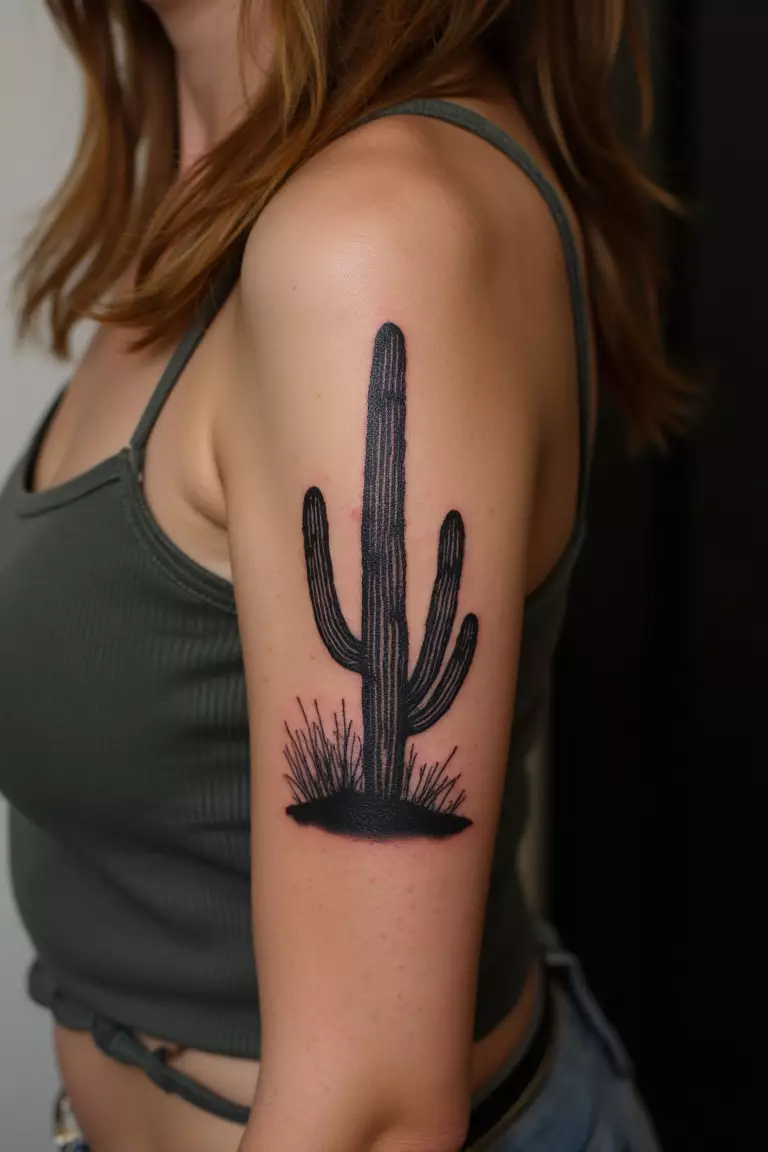 A close up shot of a woman showing her black ink cactus silhouette filled with desert scenery tattoo on her arm  