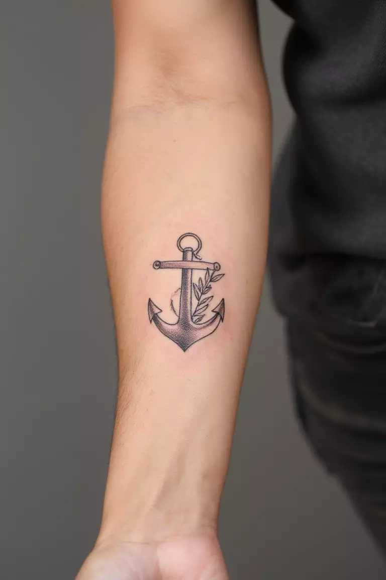 Minimalist Anchor with Leaves A close up shot of woman's arm with a black ink minimalist anchor with leaves tattoo.