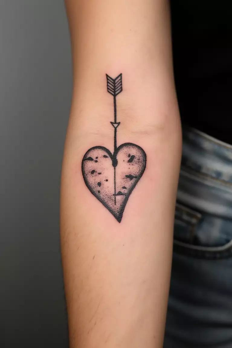 A close up shot of woman's arm with a black ink heart and arrow tattoo, cupid's arrow piercing through