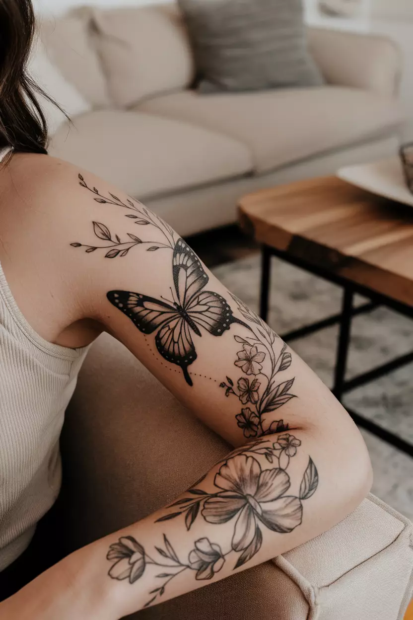 A close-up photo of a woman showing her elegant black butterfly tattoo intertwined with delicate floral designs, symbolizing beauty and transformation, tattoo design, living room background