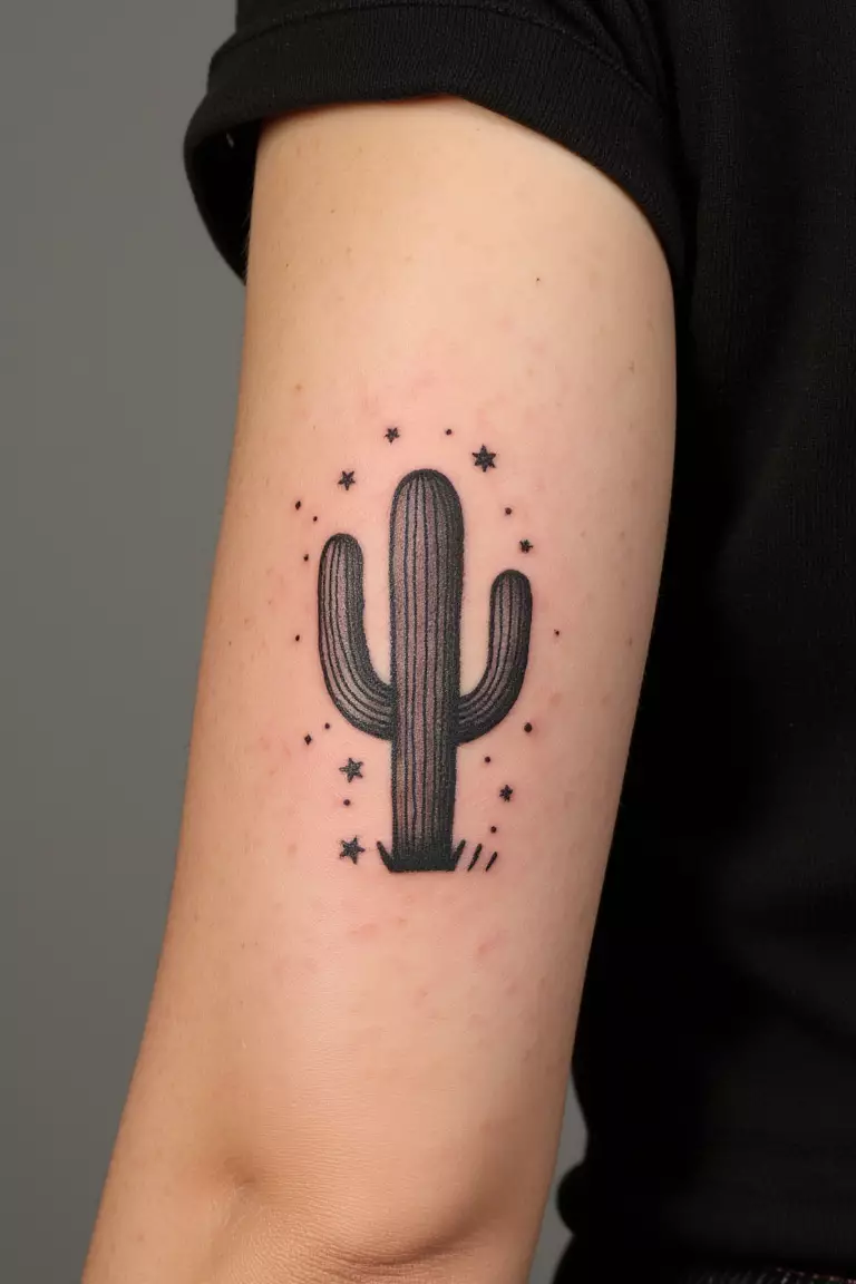 A close up shot of a woman showing her black ink cactus tattoo surrounded by small stars and dots on her arm  