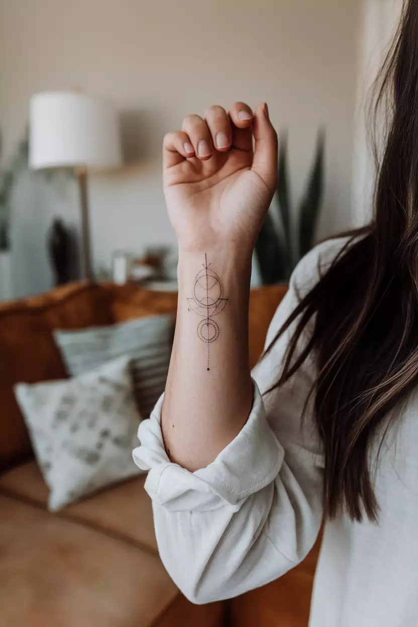 Tiny Geometric Hand A close-up photo of a woman showing her small geometric hand tattoo with fine lines and shapes, tattoo design, living room background
