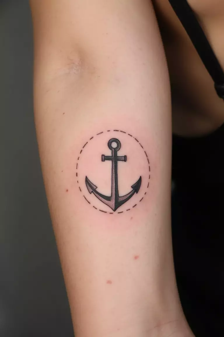 Minimalist Anchor with Circle A close up shot of woman's arm with a black ink minimalist anchor with a circle around it tattoo.