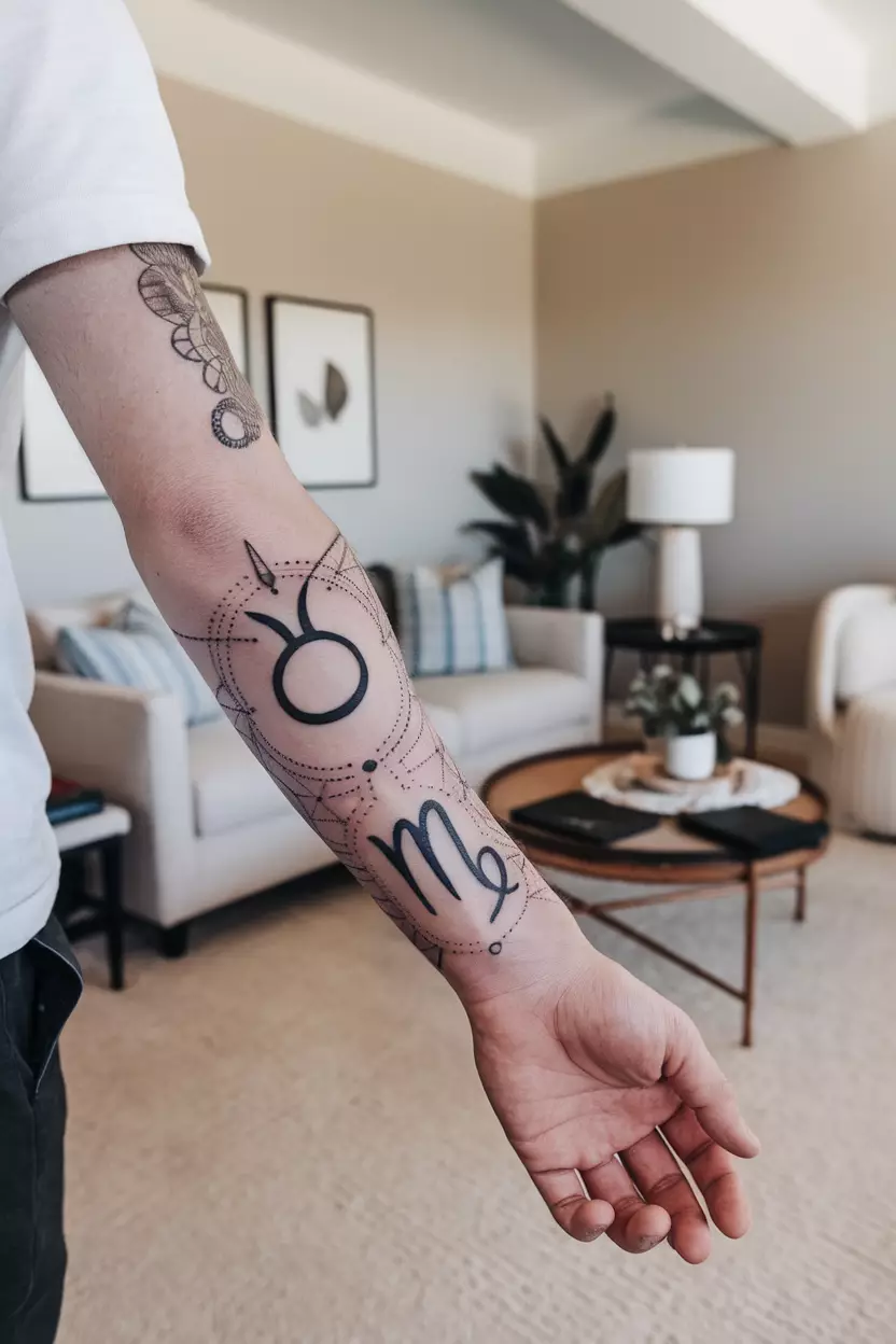 A close-up photo of a man showing his harmonious tattoo combining the symbols for Taurus and Virgo on his forearm, illustrated against an organized living room backdrop that emphasizes balance through its clean lines and soothing colors.