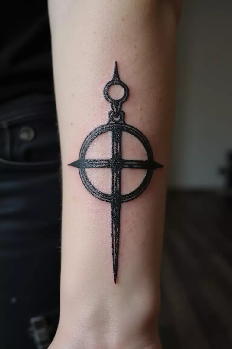 Viking Runes Or Symbols A close-up shot of a woman showing her black ink Viking Runes Vegvisir tattoo design on her arm