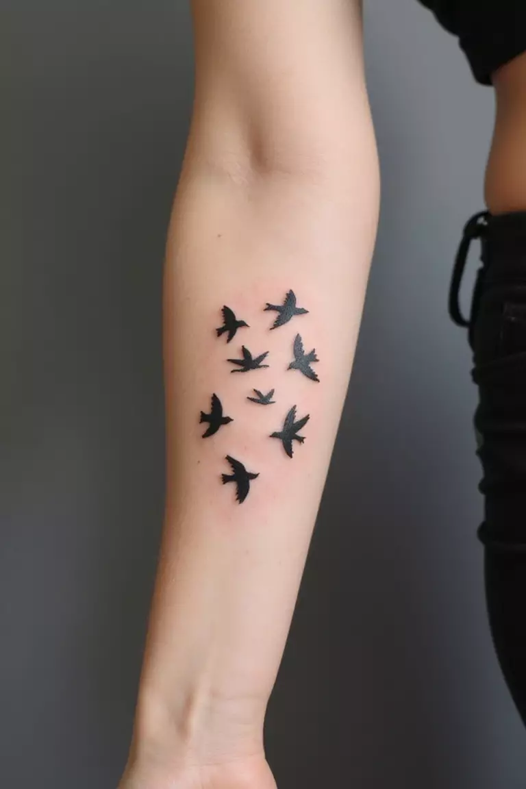 A close-up shot of a woman's arm with a black ink tattoo of a small flock of bird silhouettes flying.
