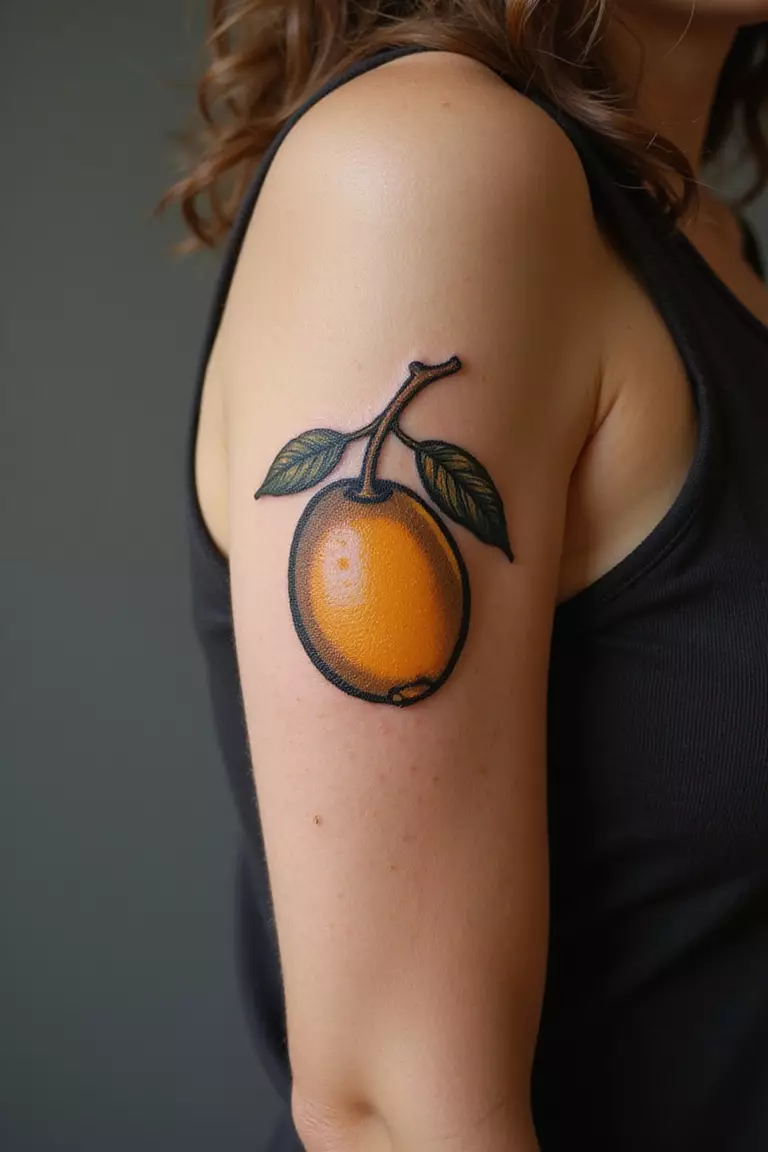 A close-up shot of a woman showing her black ink golden mango tattoo on her arm