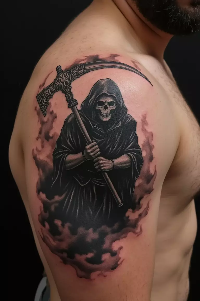 A close up shot of man's shoulder with a black ink grim reaper surrounded by smoke or mist tattoo  