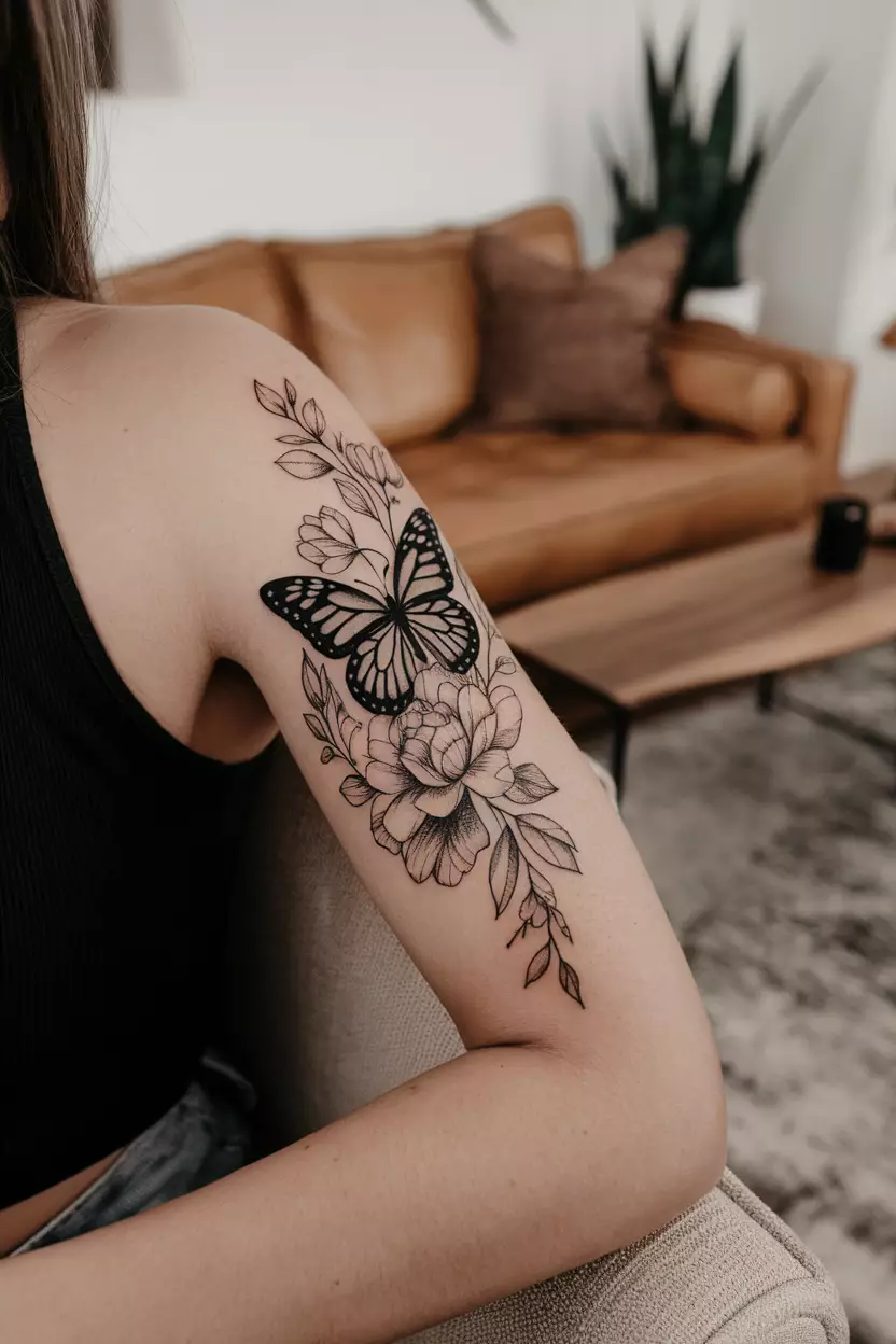 A close-up photo of a woman showing her black butterfly tattoo set against an intricate floral backdrop representing the connection between life cycles and beauty in nature's designs, tattoo design, living room background