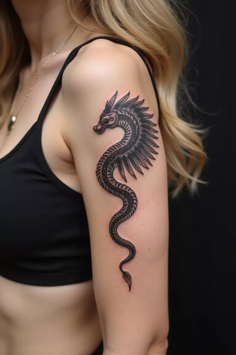 A close-up shot of a woman's arm with a black ink tattoo of a stylized serpent, possibly feathered like Quetzalcoatl.