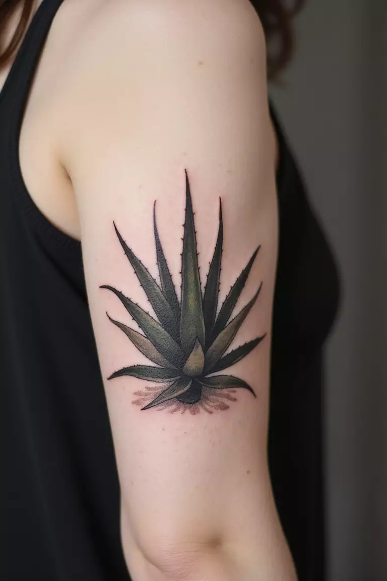 A close-up shot of a woman's arm with a black ink tattoo of a stylized Agave plant.