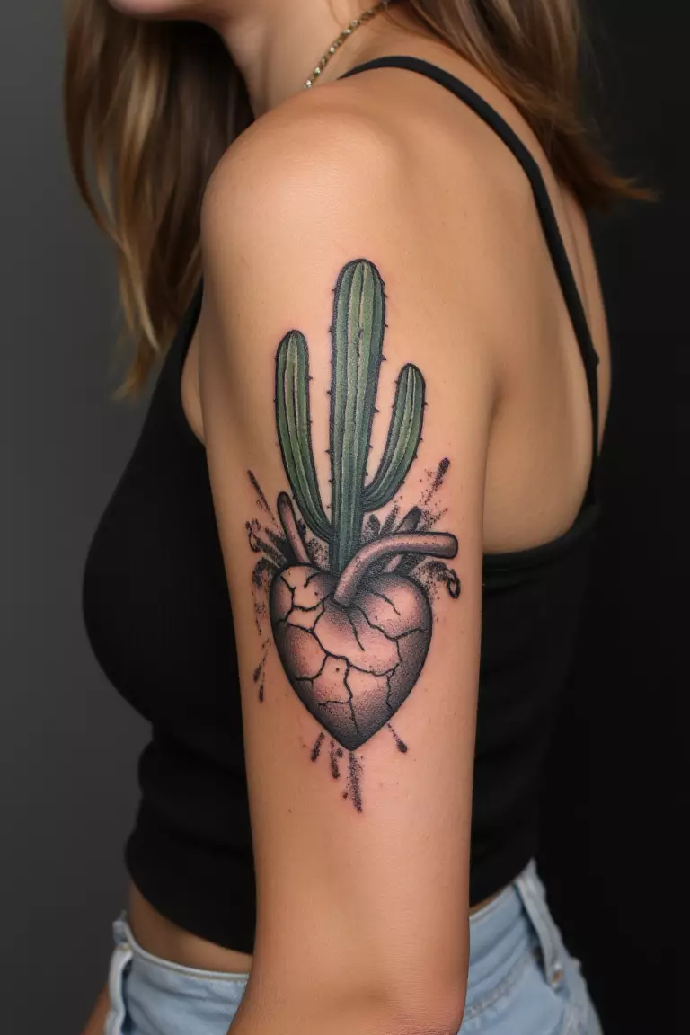 A close up shot of a woman showing her black ink cactus tattoo growing out of a cracked heart on her arm  