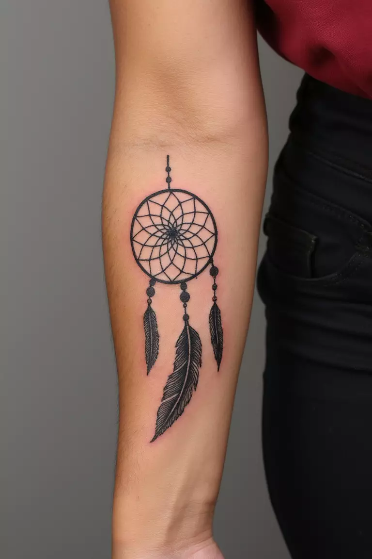 A close up shot of woman's arm with a black ink feather and dreamcatcher combination tattoo, with intricate webbing and small beads