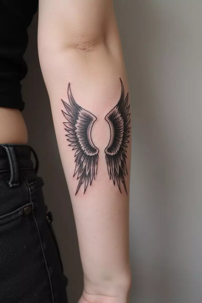 Bird-Like Angel Wings A close-up shot of a woman's arm with a black ink tattoo of bird-like angel wings.