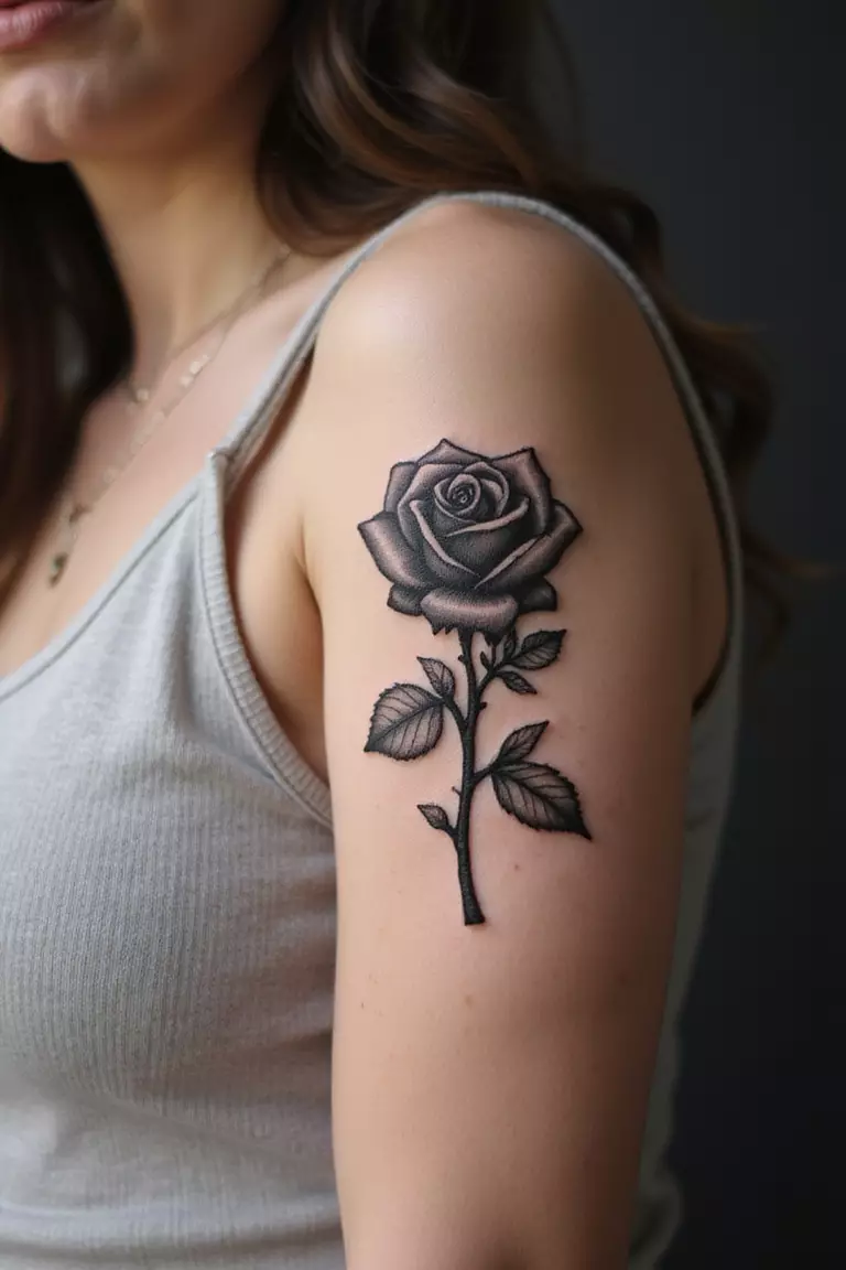 A close-up shot of a woman showing her black ink pixelated rose tattoo on her arm.