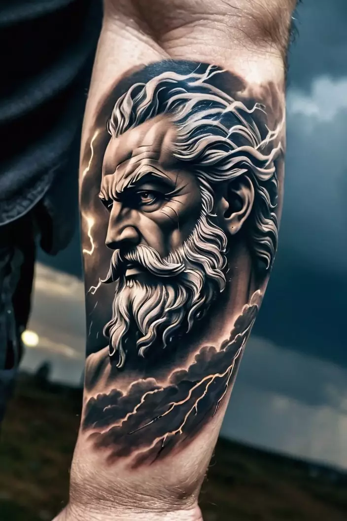 A close-up photo of a man showing his Zeus amidst storm tattoo on men s arm, portraying Zeus surrounded by storm clouds and lightning.  