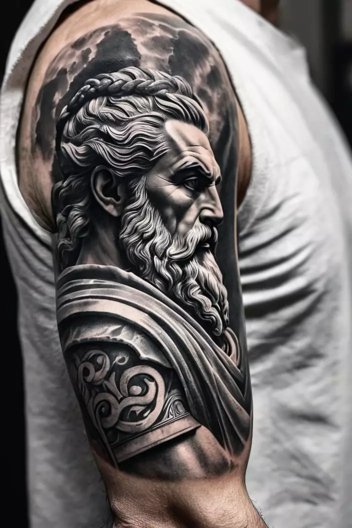 A close-up photo of a man showing his majestic Zeus arm tattoo for men in greyscale, focusing on detailed textures and powerful expressions.  