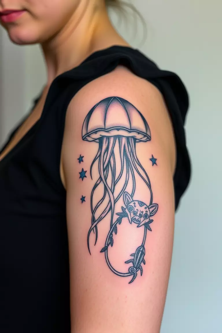 A close-up photo of a woman showing her giant jellyfish overlapping other sea creatures tattoo design on her arm.  