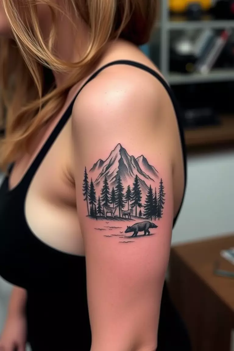 A photo of a woman with a mountain and nature tattoo on her arm, combining trees and wildlife with mountain silhouettes.  