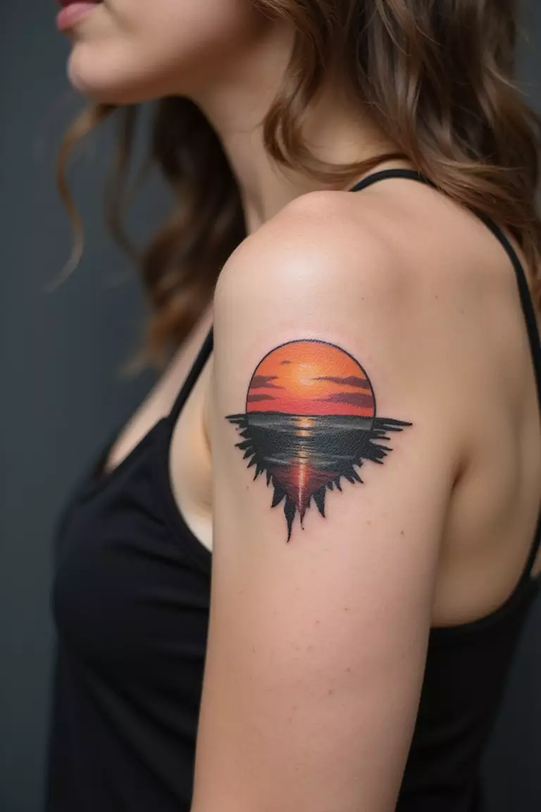 A close-up shot of a woman showing her black ink setting sun tattoo partially visible below a horizon line, with warm color hints tattoo design on her arm