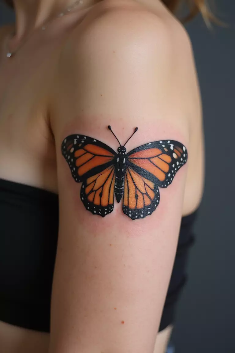 A close-up shot of a woman's arm with a black ink tattoo of a Monarch butterfly with detailed wing patterns.