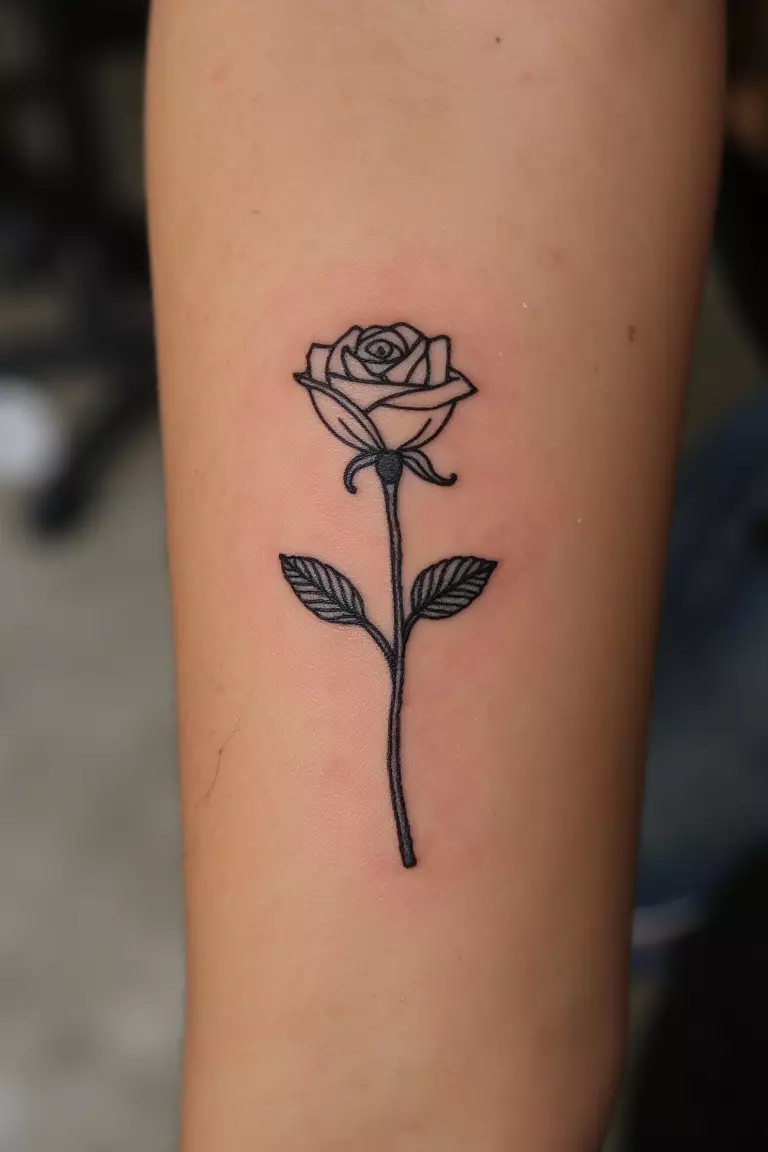 A close up shot of woman's arm with a black ink tattoo of a small rose symbolizing Aphrodite, the goddess of love and beauty.