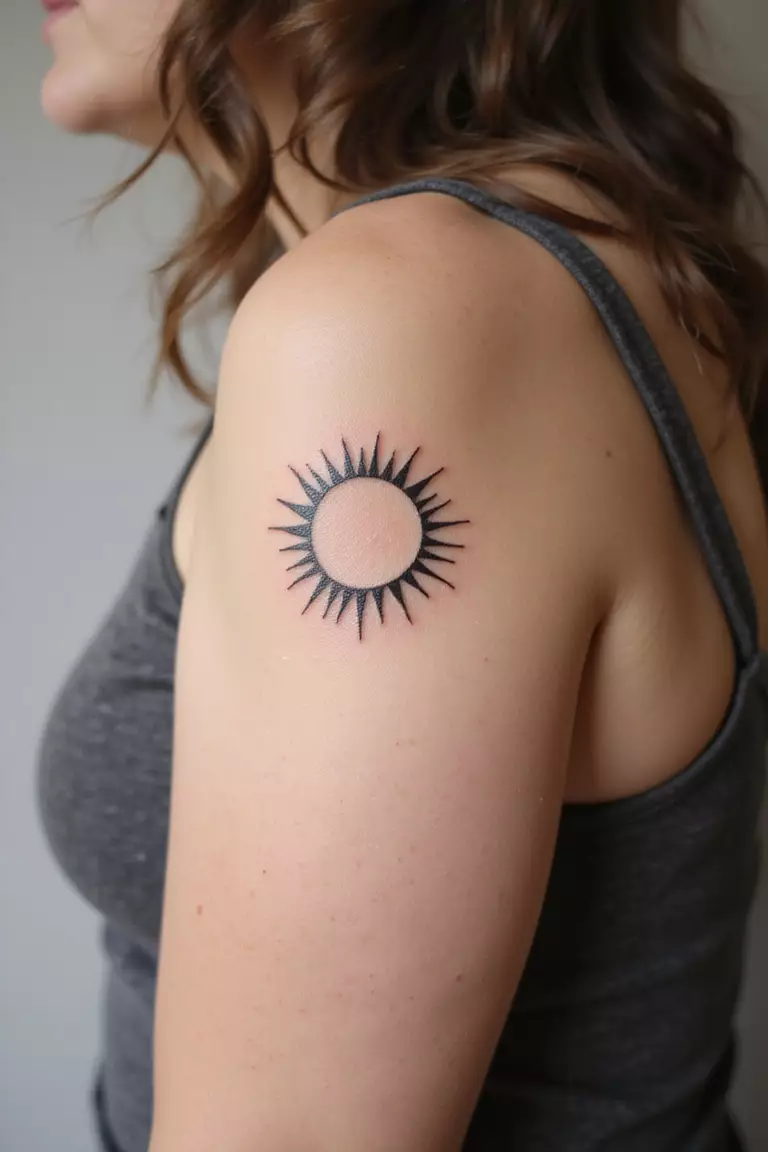 A close-up shot of a woman's arm with a black ink tattoo of a small, simple sun outline with rays.