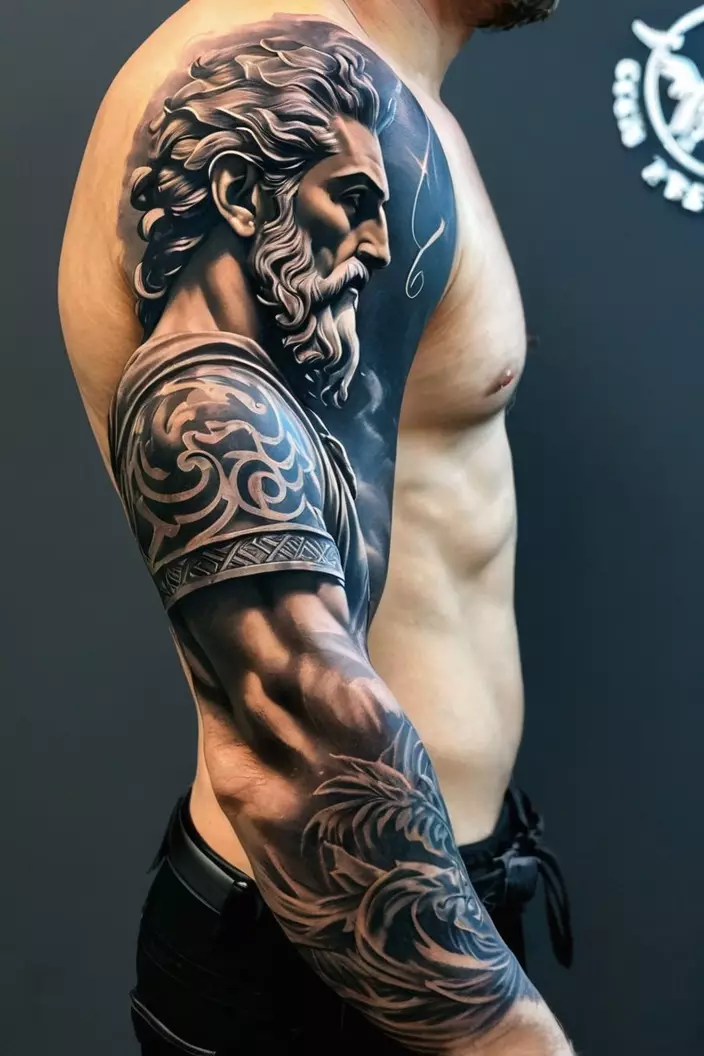 A close-up photo of a man showing his full-sleeve men s Zeus tattoo, featuring a comprehensive and detailed scene of Zeus in various poses.  