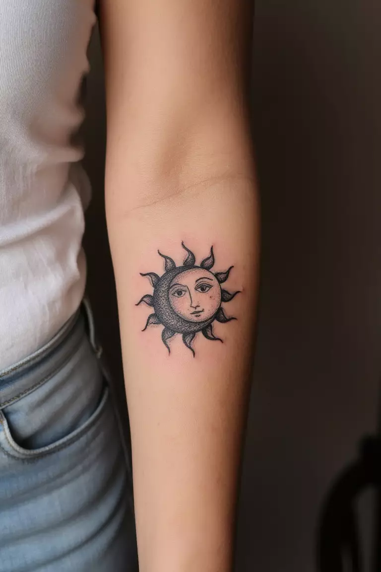 A close up shot of woman's arm with a black ink tattoo featuring both crescent moon and sun designs, representing the duality of oceanic views.