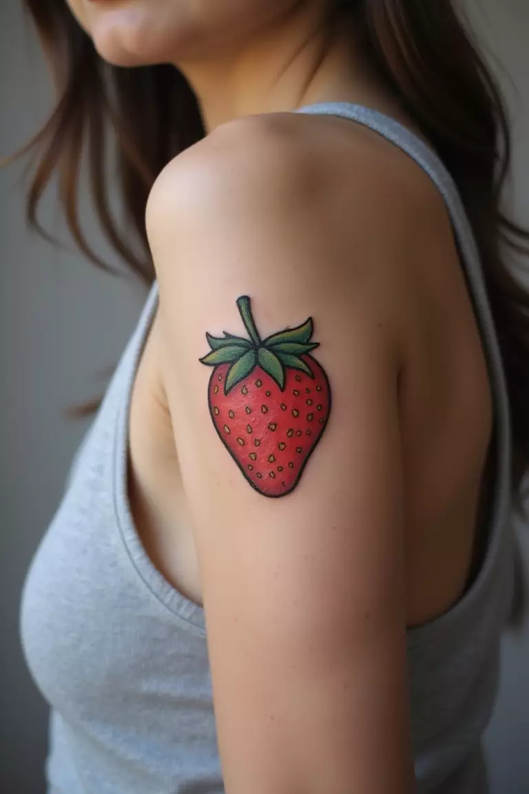A close-up shot of a woman showing her black ink sweet strawberry tattoo on her arm