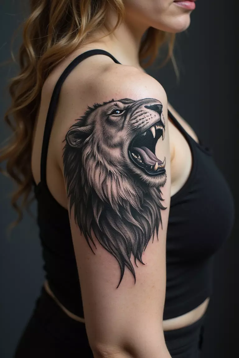 A close-up shot of a woman showing her black ink roaring lion tattoo on her arm