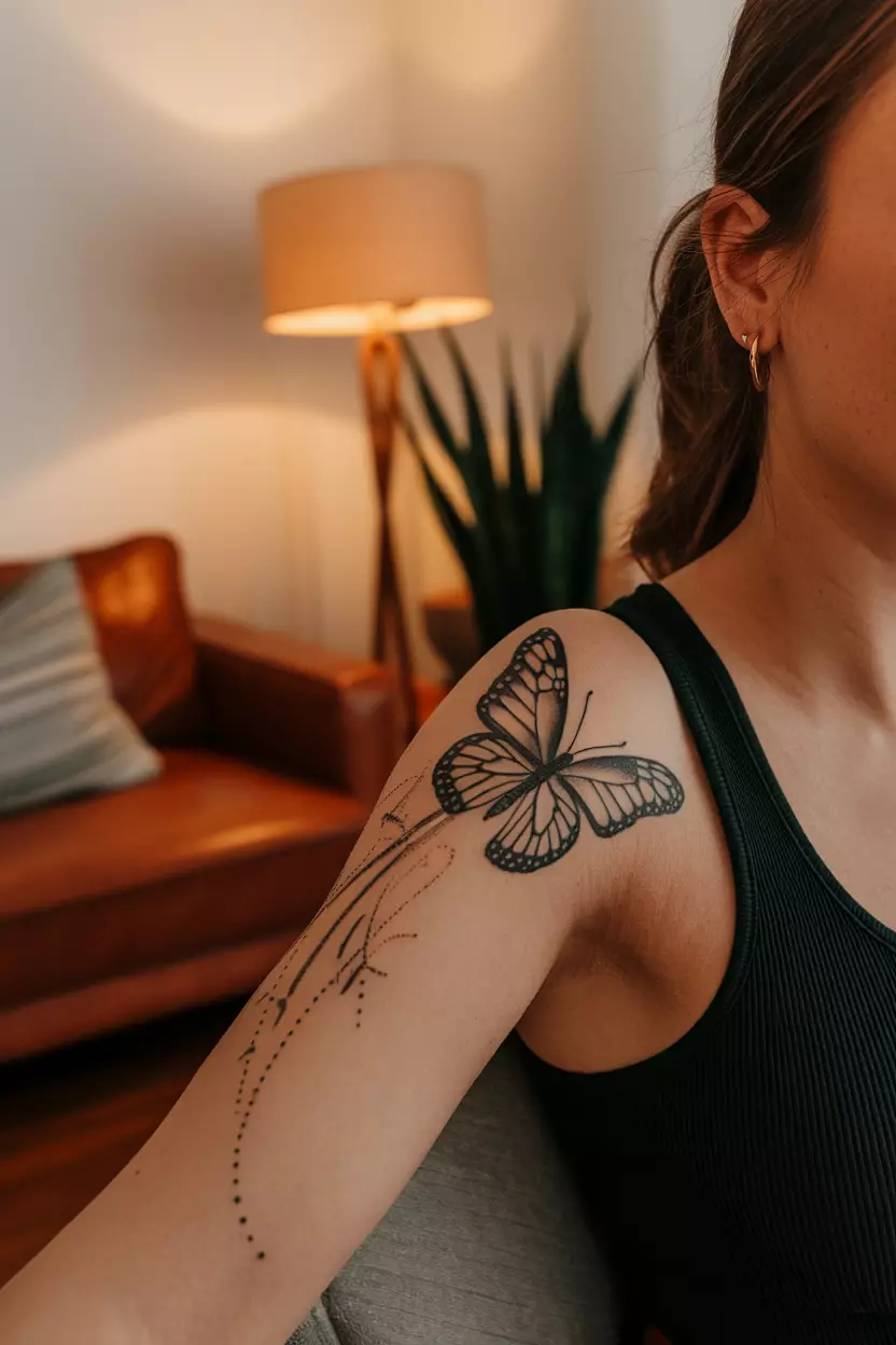 A close-up photo of a woman showing her dynamic black butterfly tattoo captured mid-flight symbolizing freedom and the beauty of transformation in motion, tattoo design, living room background