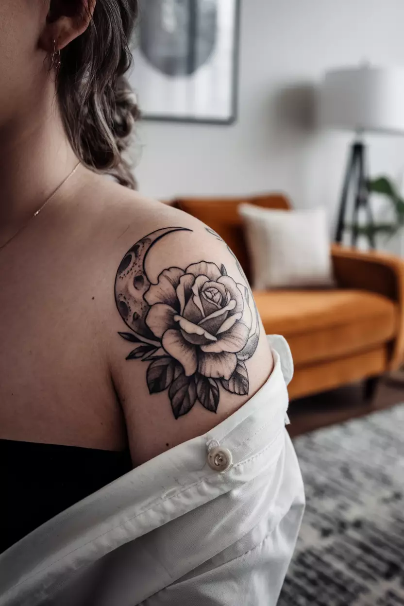 A close-up photo of a woman showing her shoulder with a crescent moon tattoo intertwined with a beautifully detailed rose, tattoo design, living room background