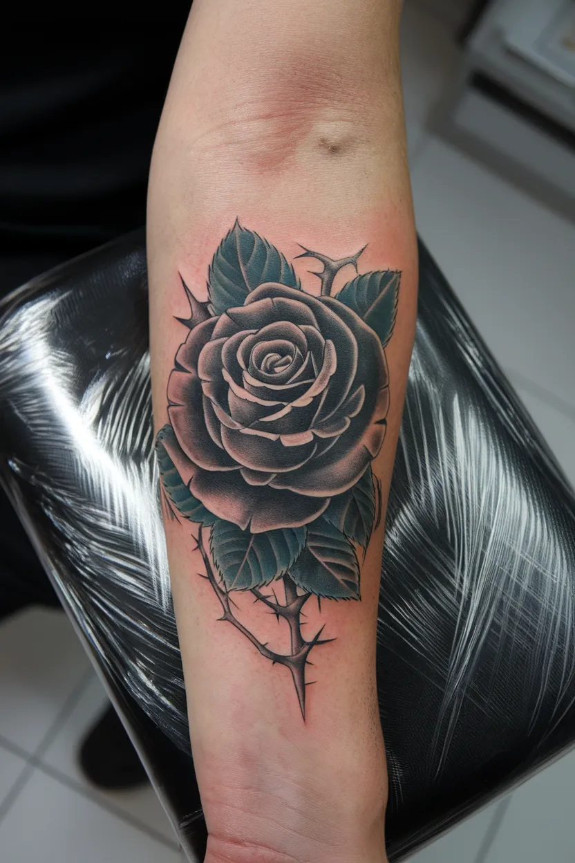 Custom Tattoo of Black Rose on Forearm
