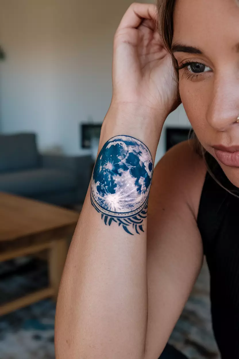 A close-up photo of a woman showing her bold tribal-style moon tattoo, tattoo design, living room background