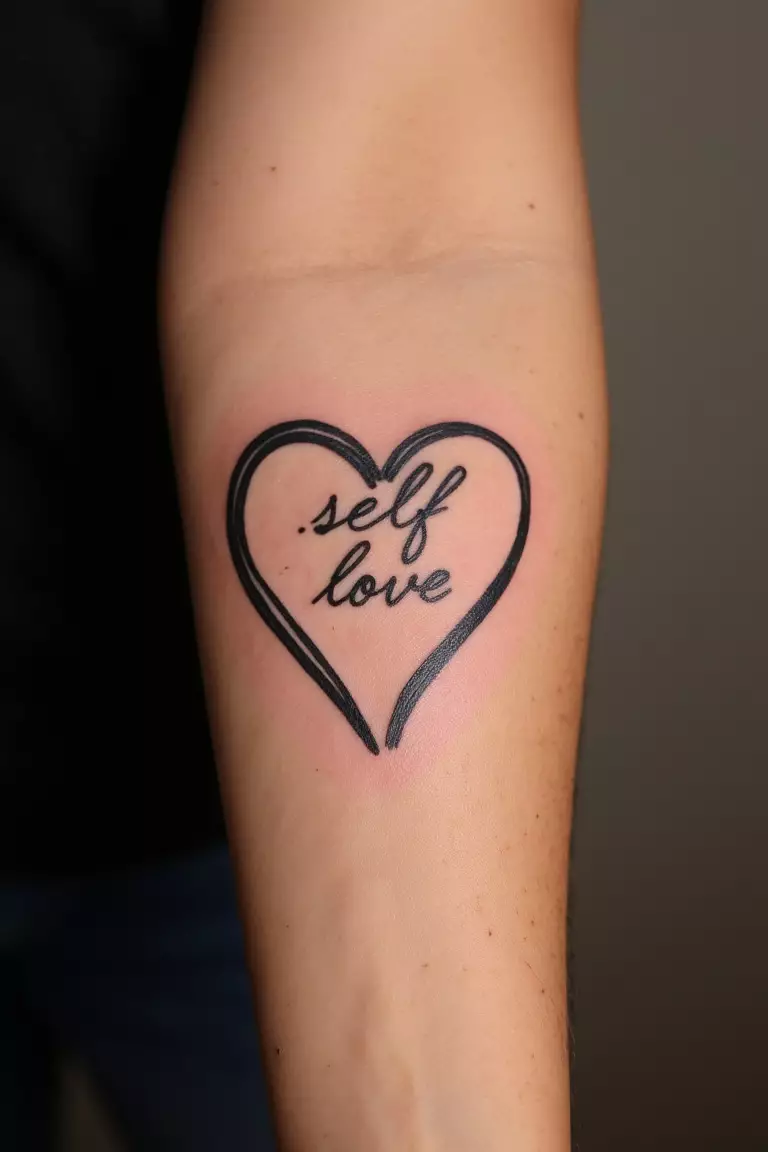 A close up shot of woman's arm with a black ink self-love heart tattoo, with 