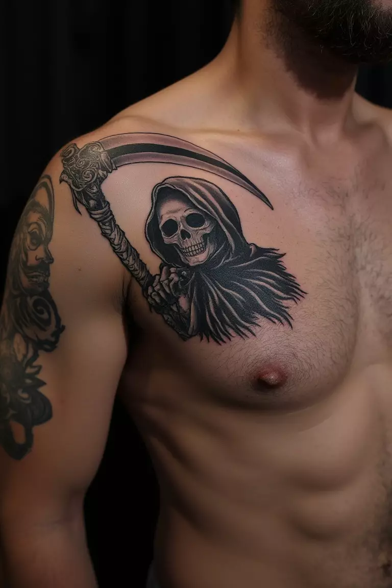 A close up shot of man's shoulder with a black ink grim reaper tattoo  