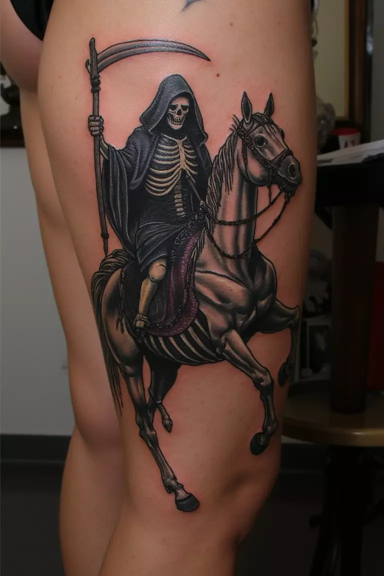 A photo of a woman with a handpoked grim reaper riding a skeleton horse tattoo, living room background.