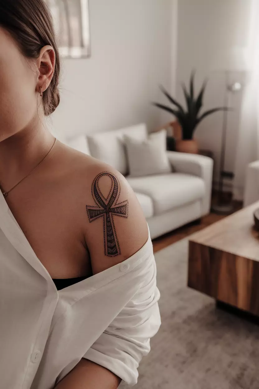 Dotwork Scarab Ankh Tattoo A photo of a woman with a dotwork scarab ankh tattoo, living room background
