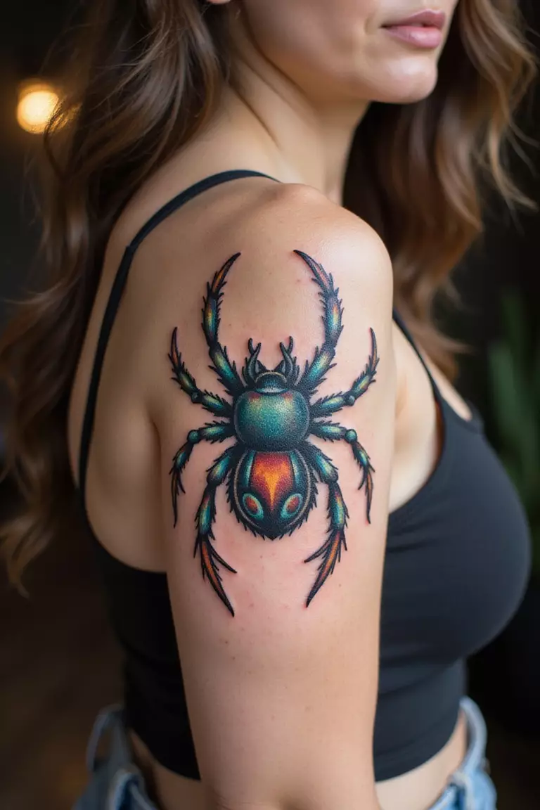 A close-up shot of a woman showing her black ink vibrant, colorful neo-traditional tarantula tattoo design on her arm