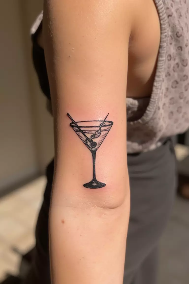 A close up shot of woman's arm with a black ink tattoo of a martini glass design, evoking beach vacation vibes and relaxation.