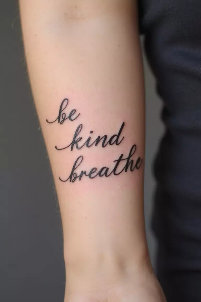 A close-up shot of a woman's arm with a black ink tattoo of a short, inspiring quote in a delicate script font, like 