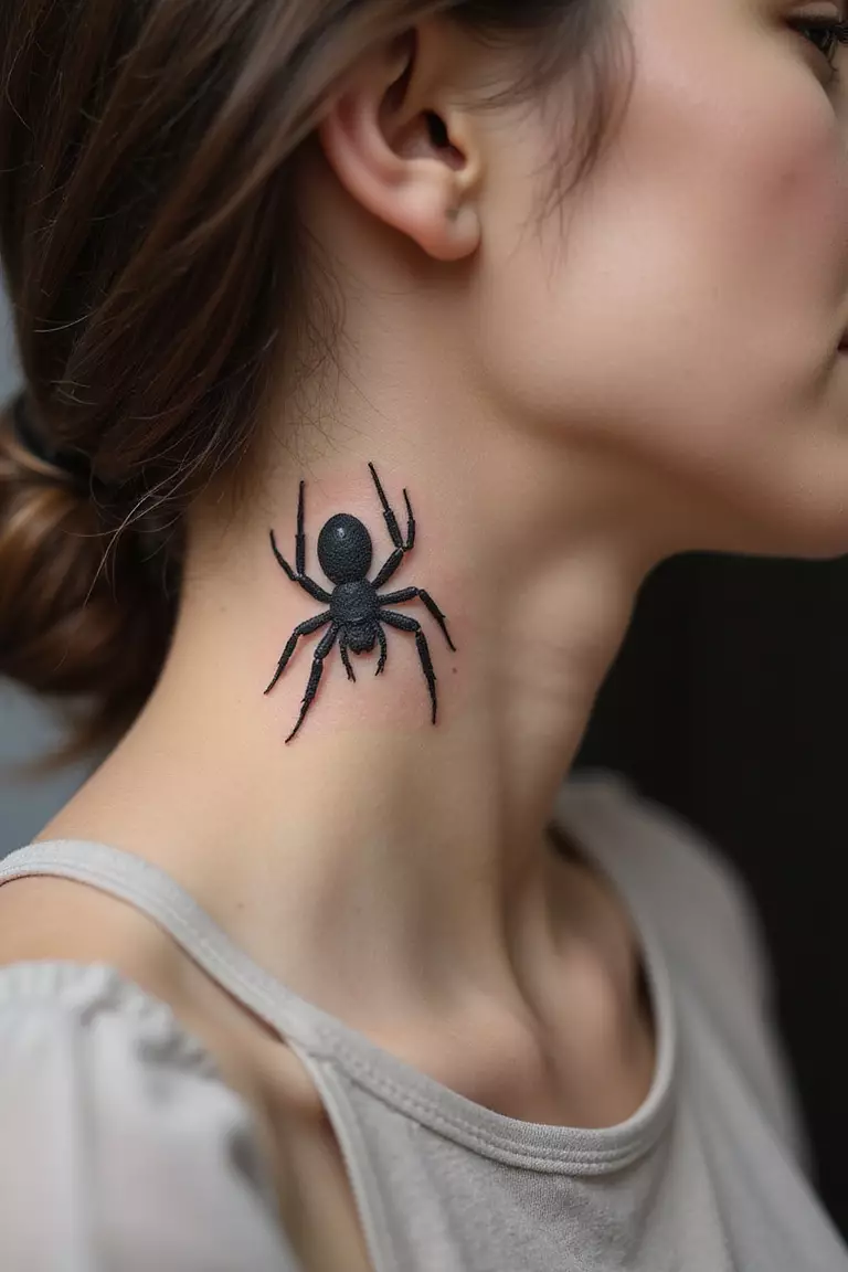 A close-up shot of a woman showing her black ink small tarantula tattoo design on the side of her neck