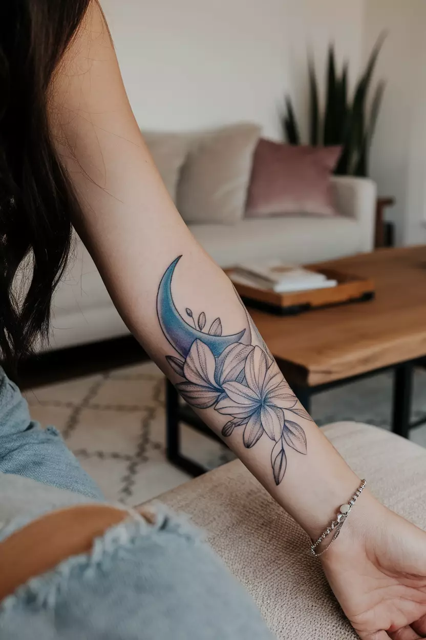 A close-up photo of a woman showing her forearm with a crescent moon tattoo adorned with graceful lily flowers, tattoo design, living room background