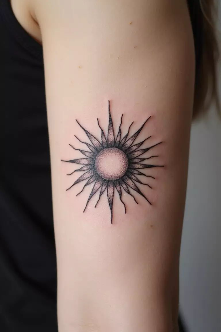 A close-up shot of a woman showing her black ink linework sun tattoo using only fine lines to create the shape and rays tattoo design on her arm
